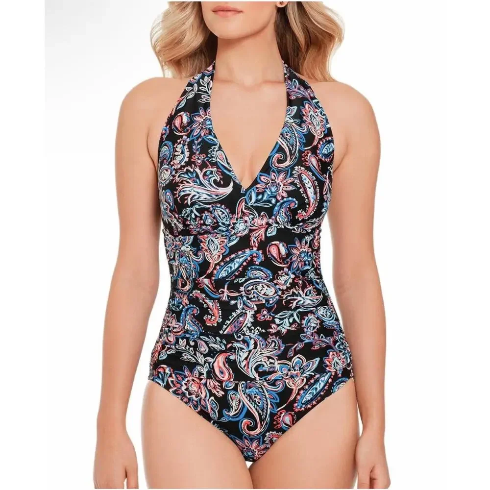 Time&Tru‎ Womens Carnival Paisley Halter Multicolor One Piece Swimsuit Small NWT